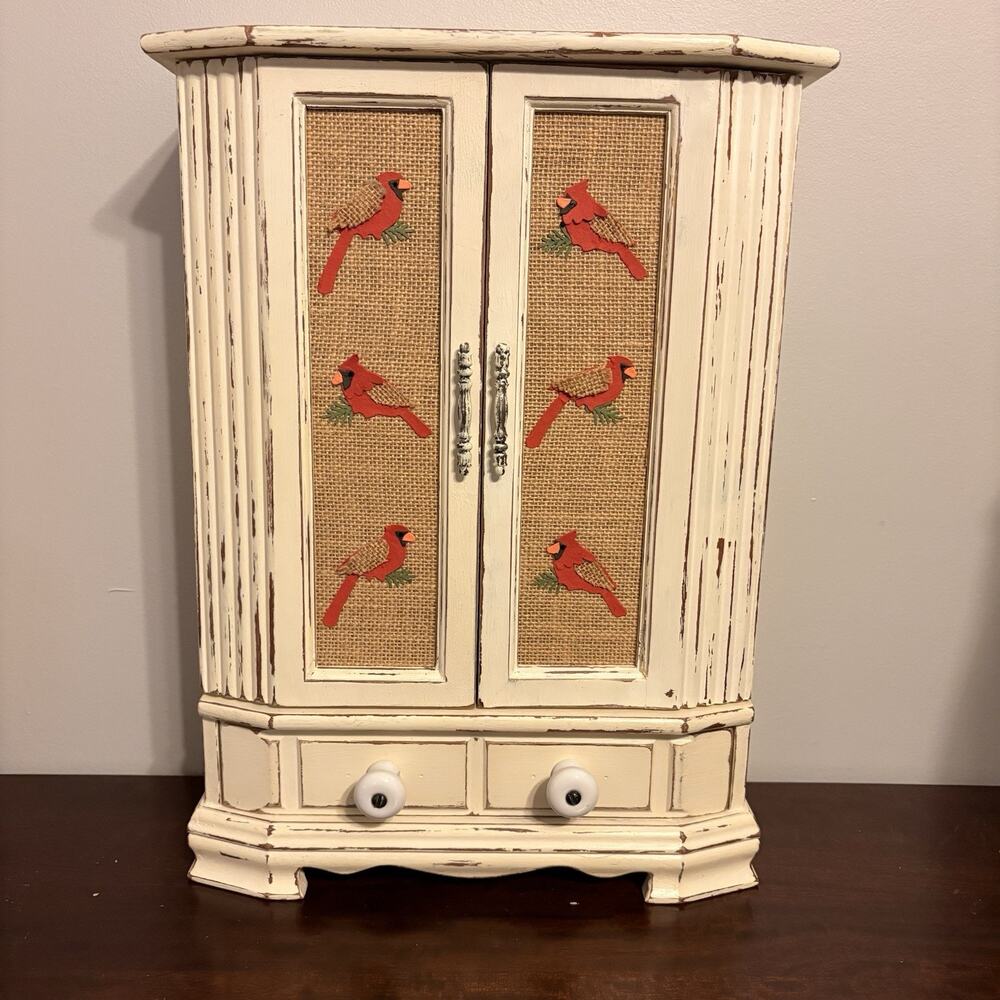 Upcycled Distressed Standing Jewelry Organizer Farmhouse Winter Cardinal Cottage